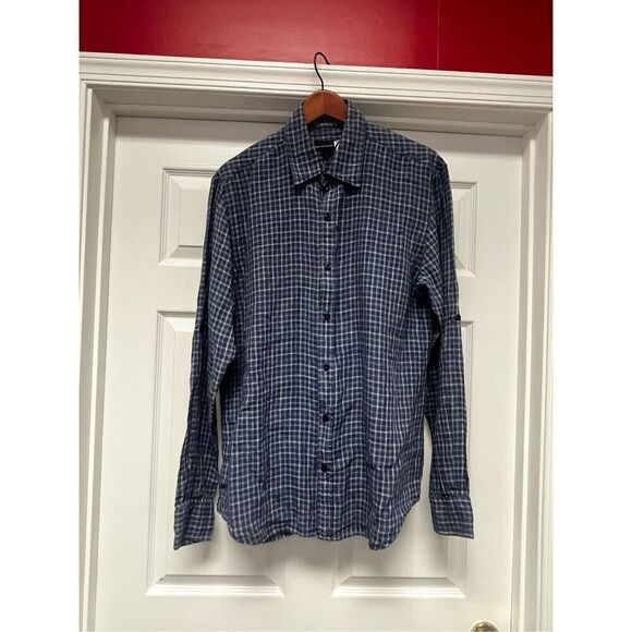 Saks Fifth Avenue Blue & Green Plaid 100% Linen Button Down Shirt sz L EUC - Picture 1 of 6